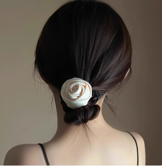 Satin Rosebud Hair Scrunchie in Ivory Beige