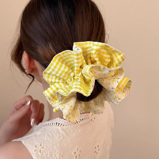 Gingham Blossom Double-Layer Scrunchie in Sunny Yellow