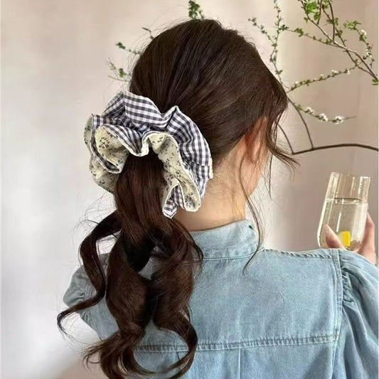 Gingham Blossom Double-Layer Scrunchie in Sky Ble