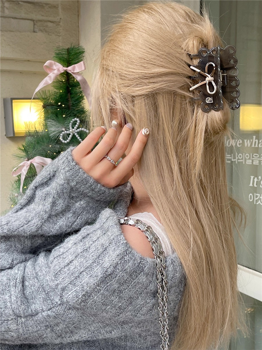 Sweetheart Bow Cookie Hair Claw Clip in Grey