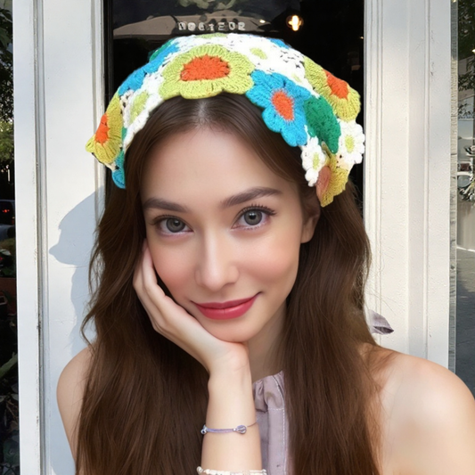 Blue-Green Knited Bloom Triangle Hair Scarf