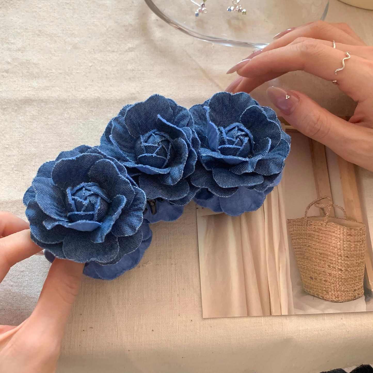 Denim Rose Bloom Banana Hair Claw Clip