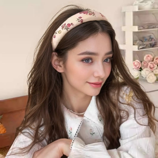 Vintage Floral Wide Headband in Ivory Beige