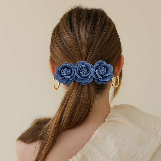 Denim Rose Bloom Banana Hair Claw Clip