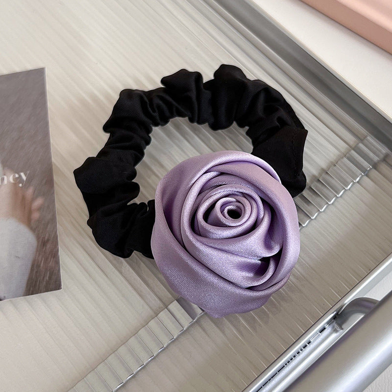 Satin Rosebud Hair Scrunchie in Ivory Beige