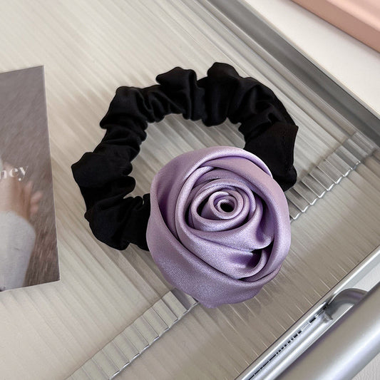 Satin Rosebud Hair Scrunchie in Lavender Purple
