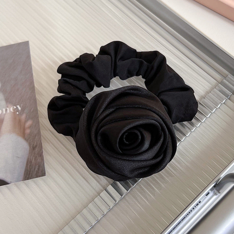 Satin Rosebud Hair Scrunchie in Ivory Beige