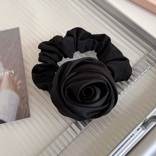 Satin Rosebud Hair Scrunchie in Classic Black