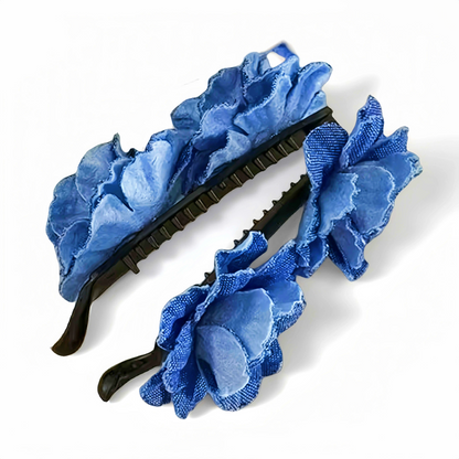 Denim Rose Bloom Banana Hair Claw Clip