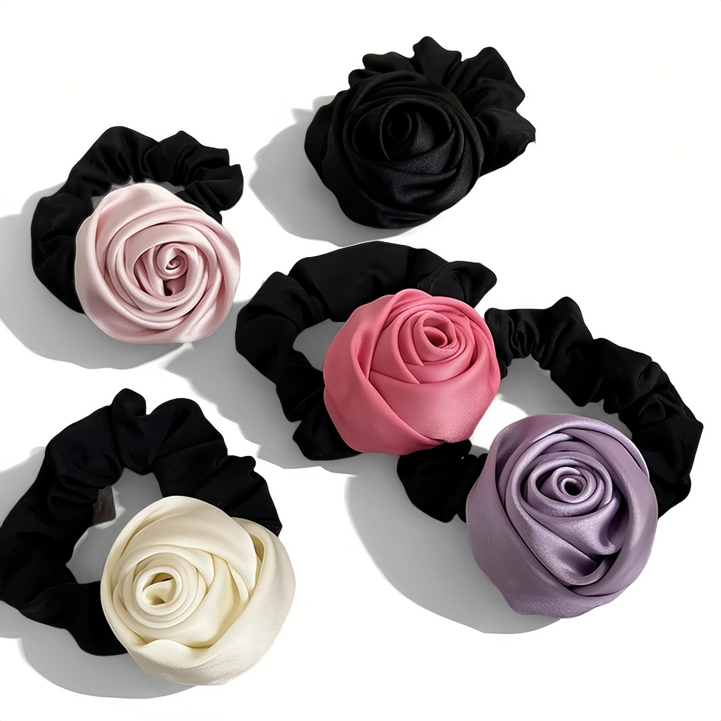 Satin Rosebud Hair Scrunchie in Ivory Beige