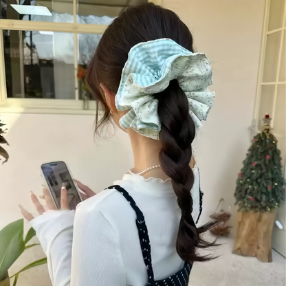 Gingham Blossom Double-Layer Scrunchie in Sunny Yellow