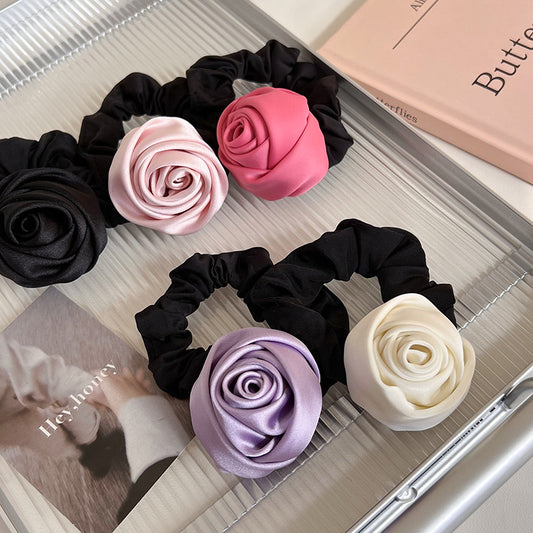 Satin Rosebud Hair Scrunchie in Lavender Purple