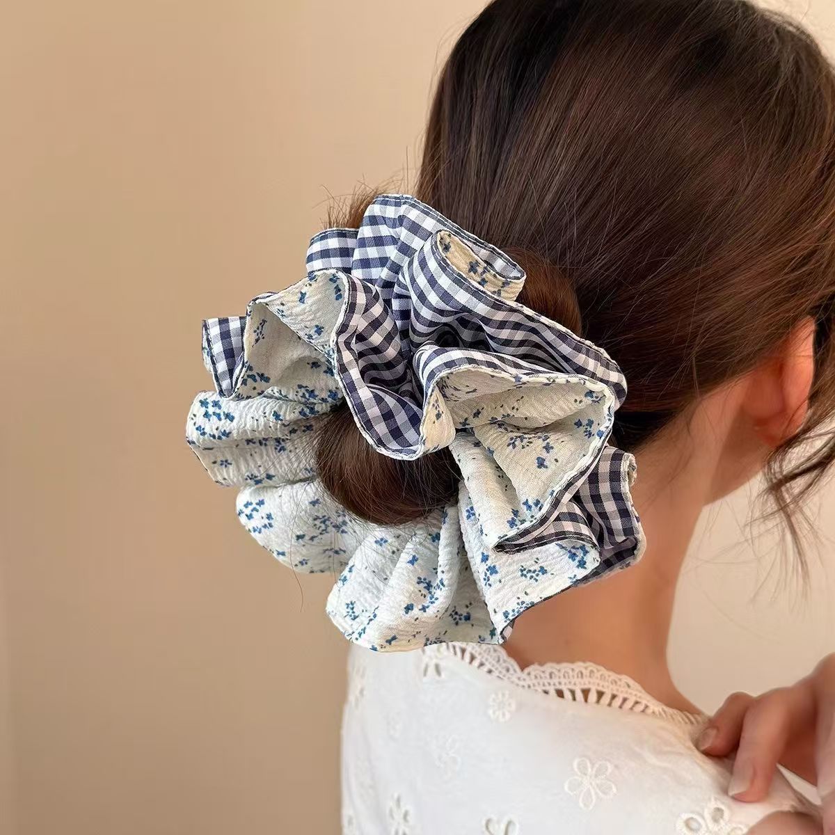Gingham Blossom Double-Layer Scrunchie in Sunny Yellow