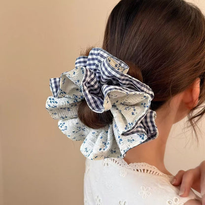 Gingham Blossom Double-Layer Scrunchie in Sunny Yellow