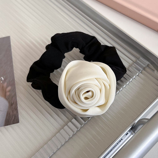 Satin Rosebud Hair Scrunchie in Ivory Beige