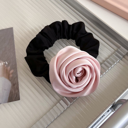 Satin Rosebud Hair Scrunchie in Soft Pink