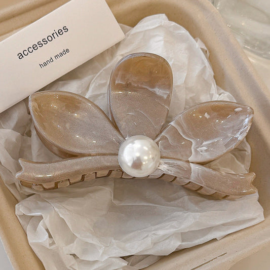 Pearl Bloom Hair Claw Clip in Taupe Brown