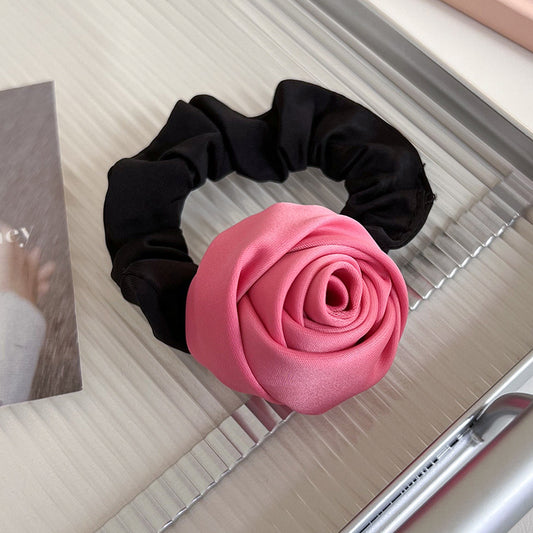 Satin Rosebud Hair Scrunchie in Rose Red