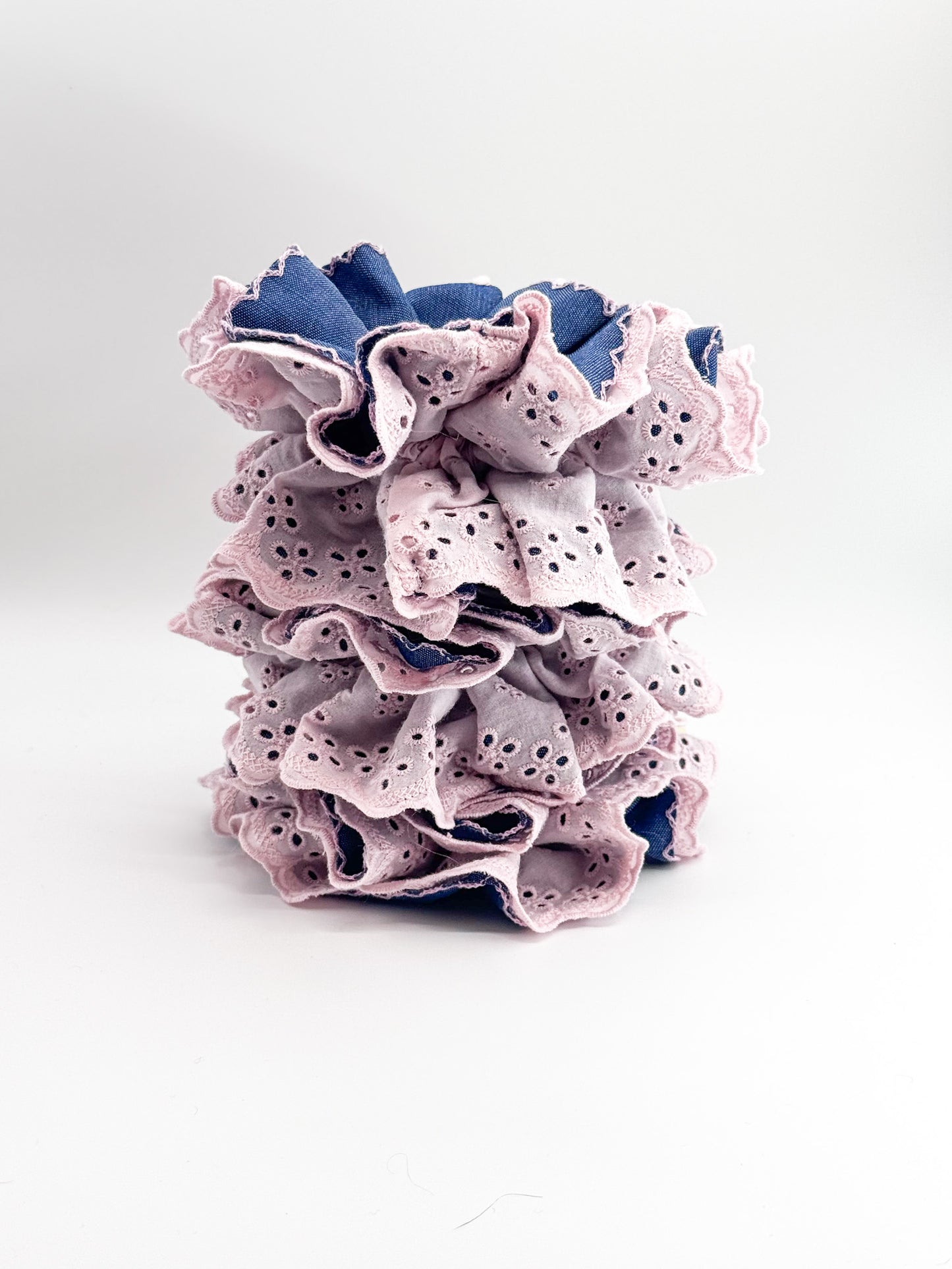 Blush Denim Romance｜Pink Lace Denim Large Scrunchie