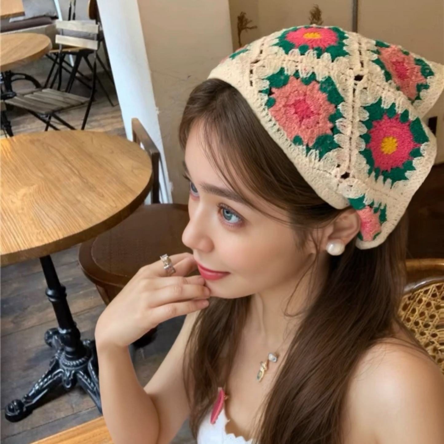 Beige Blossom Knitted Hair Scarf