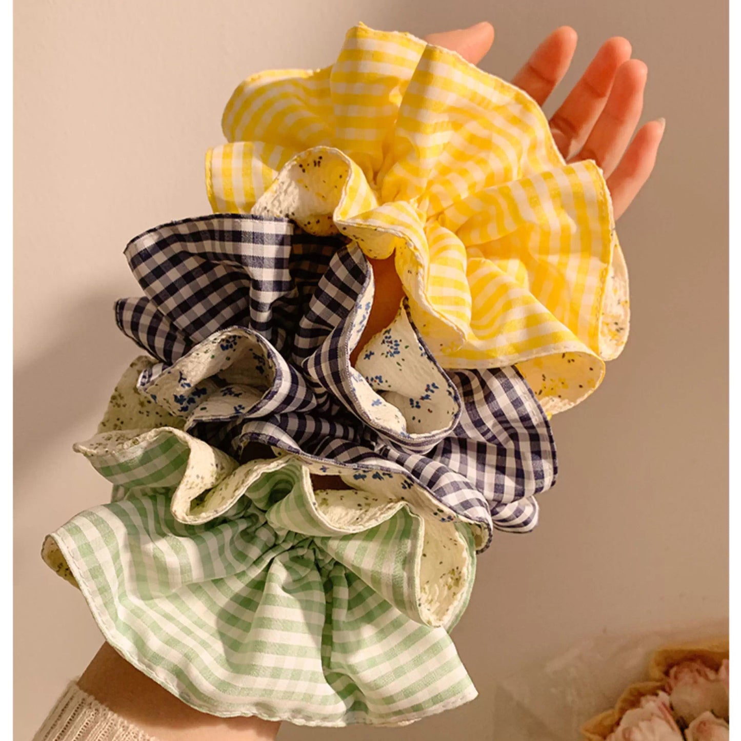 Gingham Blossom Double-Layer Scrunchie in Sunny Yellow