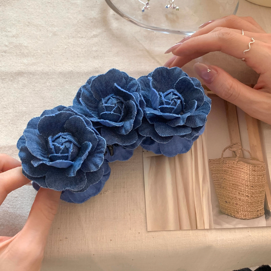 Denim Rose Bloom Banana Hair Claw Clip