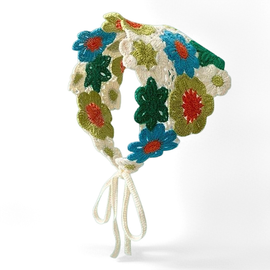 Blue-Green Knited Bloom Triangle Hair Scarf