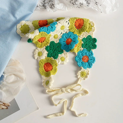 Blue-Green Knited Bloom Triangle Hair Scarf